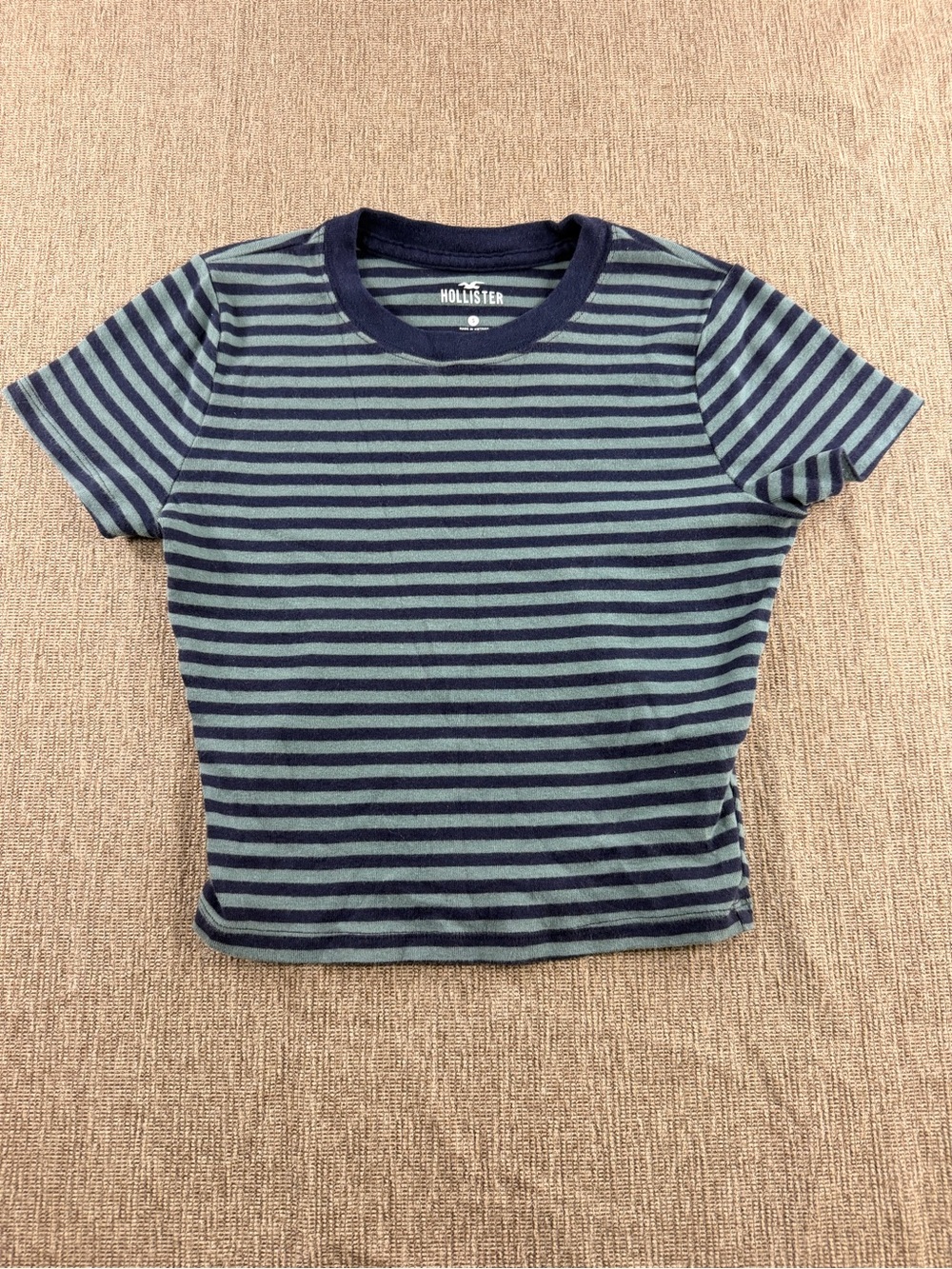 Hollister Striped Short Sleeve Crop Top Navy Blue Sage Green Small
